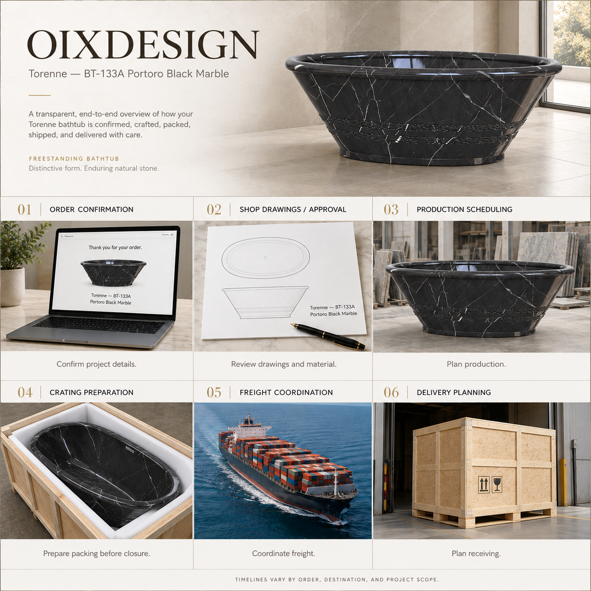 Torenne BT-133A Portoro Black Marble bathtub — order-to-delivery