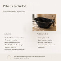 Torenne Flared Oval Freestanding Soaking Bathtub – Portoro Black Marble — What’s Included in the Reference Price.