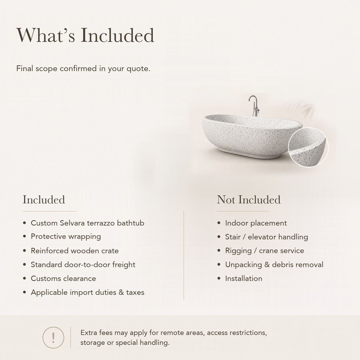 Selvara Organic Oval Freestanding Soaking Bathtub – Alba White Terrazzo — What’s Included in the Reference Price.
