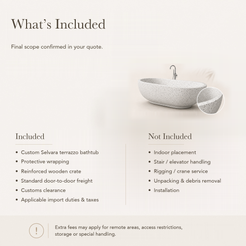 Selvara Organic Oval Freestanding Soaking Bathtub – Alba White Terrazzo — What’s Included in the Reference Price.