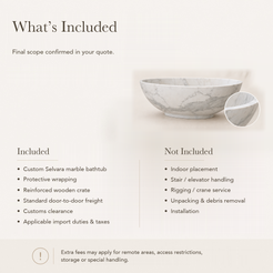 Selvara Organic Oval Freestanding Soaking Bathtub – Italian Firenze Marble — What’s Included in the Reference Price.