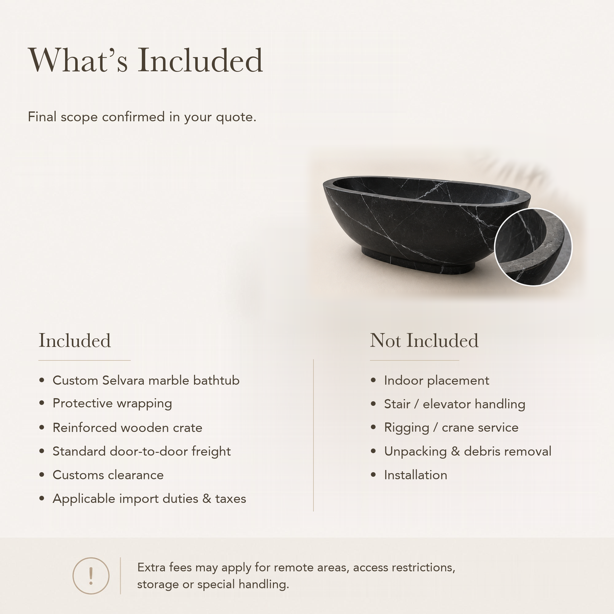 Selvara Organic Oval Freestanding Soaking Bathtub – Portoro Black Marble — What’s Included in the Reference Price.