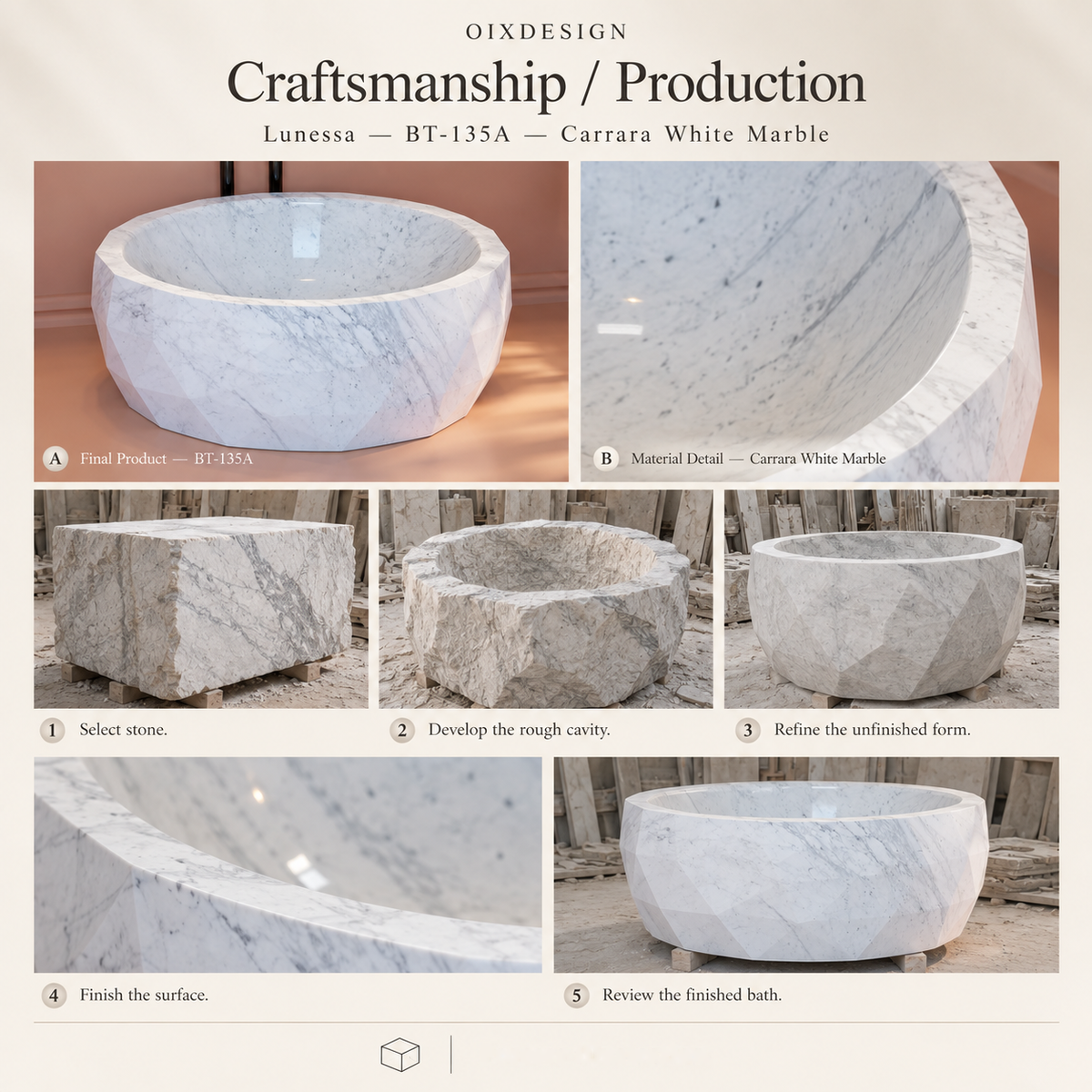 Lunessa BT-135A Carrara White Marble bathtub — craftsmanship and production