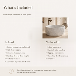Lunessa Faceted Round Freestanding Soaking Bathtub – Carrara White Marble — What’s Included in the Reference Price.