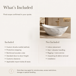 Arcelia Sculptural Boat-Shaped Freestanding Soaking Bathtub – Carrara White Marble — What’s Included in the Reference Price.