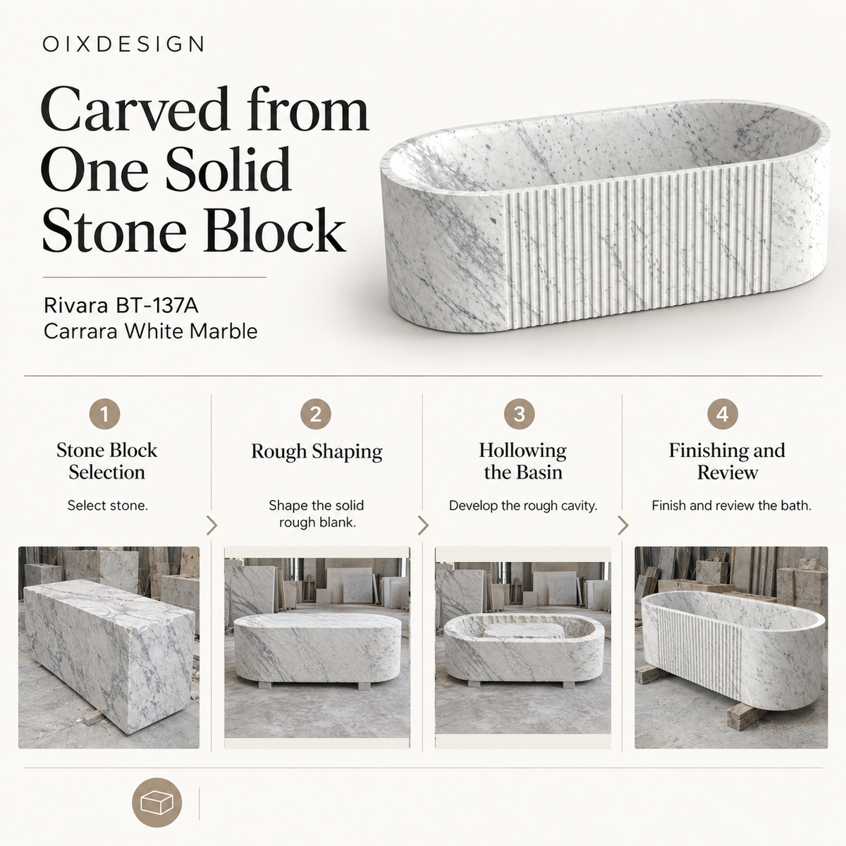 OIXDESIGN Rivara BT-137A Carrara White Marble bathtub craftsmanship and production