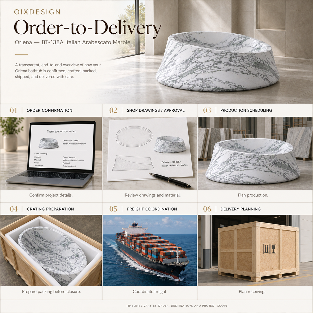 Orlena BT-138A Italian Arabescato Marble bathtub — order-to-delivery
