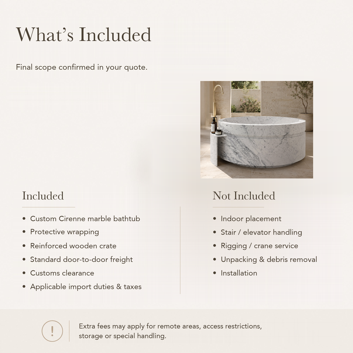 Cirenne Architectural Round Freestanding Soaking Bathtub with Side Ledge – Carrara White Marble — What’s Included in the Reference Price.