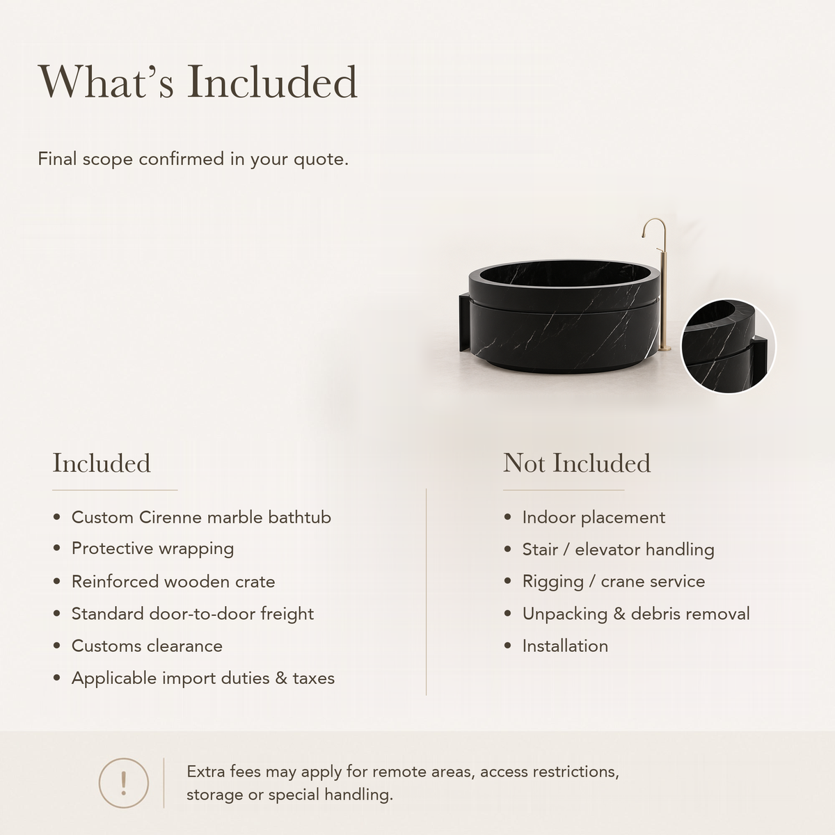 Cirenne Architectural Round Freestanding Soaking Bathtub with Side Ledge – Portoro Black Marble — What’s Included in the Reference Price.