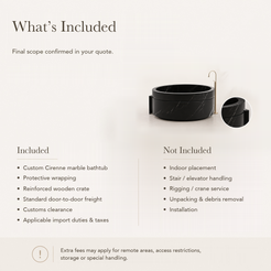 Cirenne Architectural Round Freestanding Soaking Bathtub with Side Ledge – Portoro Black Marble — What’s Included in the Reference Price.