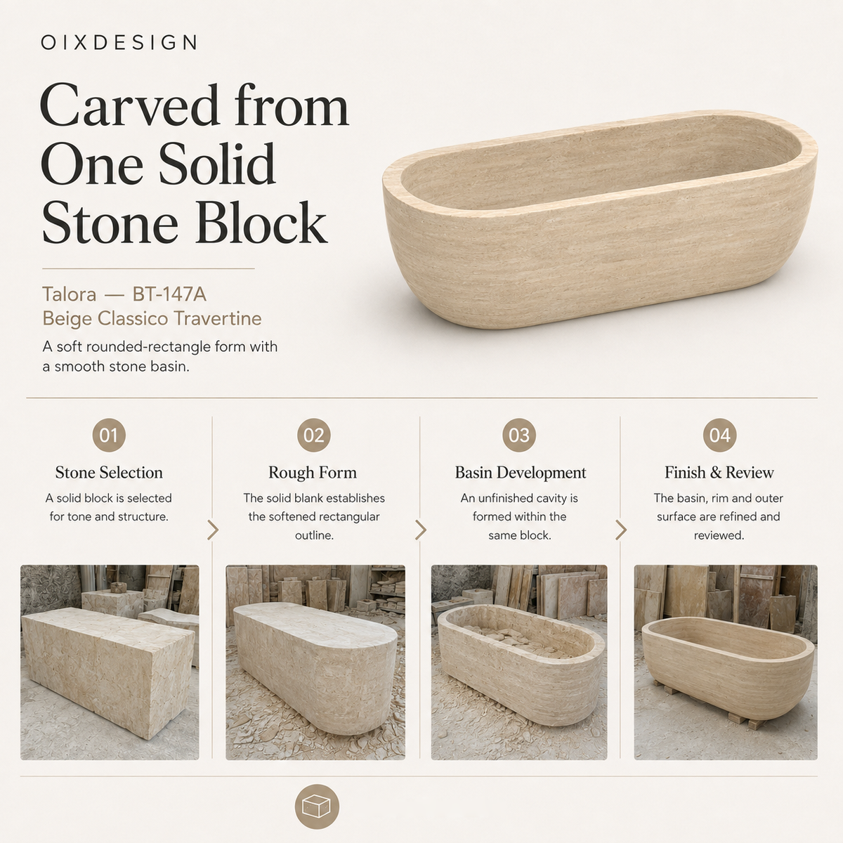 Talora BT-147A Beige Classico Travertine bathtub — craftsmanship and production