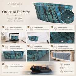 OIXDESIGN Calia BT-014A Danube Blue Quartzite bathtub order-to-delivery illustrative workflow.