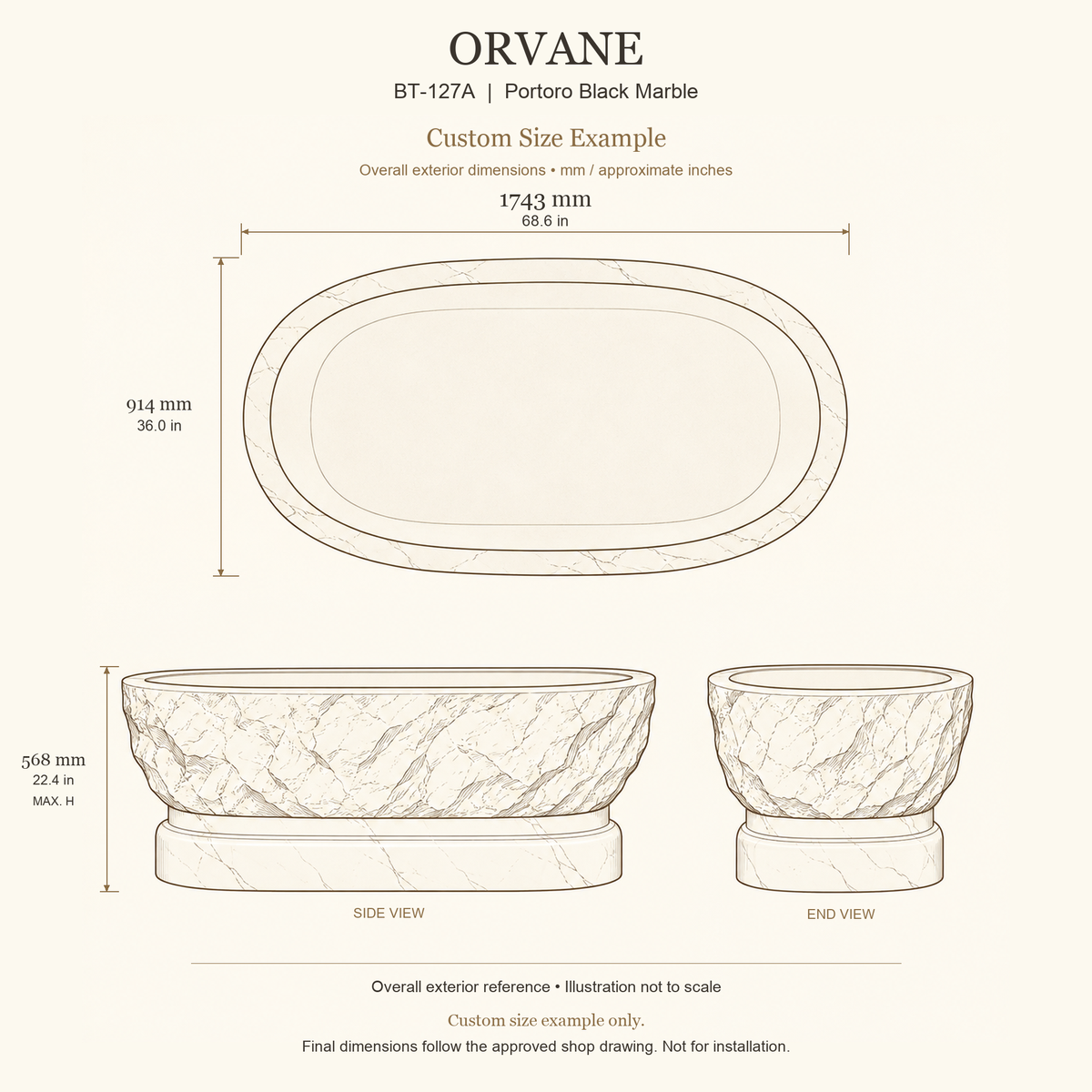 Orvane BT-127A Portoro Black Marble bathtub custom size example: 1743 × 914 × 568 mm (L × W × maximum overall H). Final dimensions follow the approved shop drawing; not for installation.