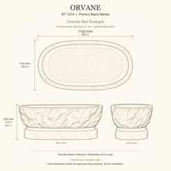 Orvane BT-127A Portoro Black Marble bathtub custom size example: 1743 × 914 × 568 mm (L × W × maximum overall H). Final dimensions follow the approved shop drawing; not for installation.