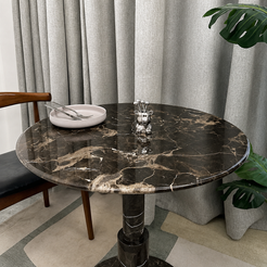 RoundTwin Elite black marble dining table tabletop close-up with dramatic natural veining