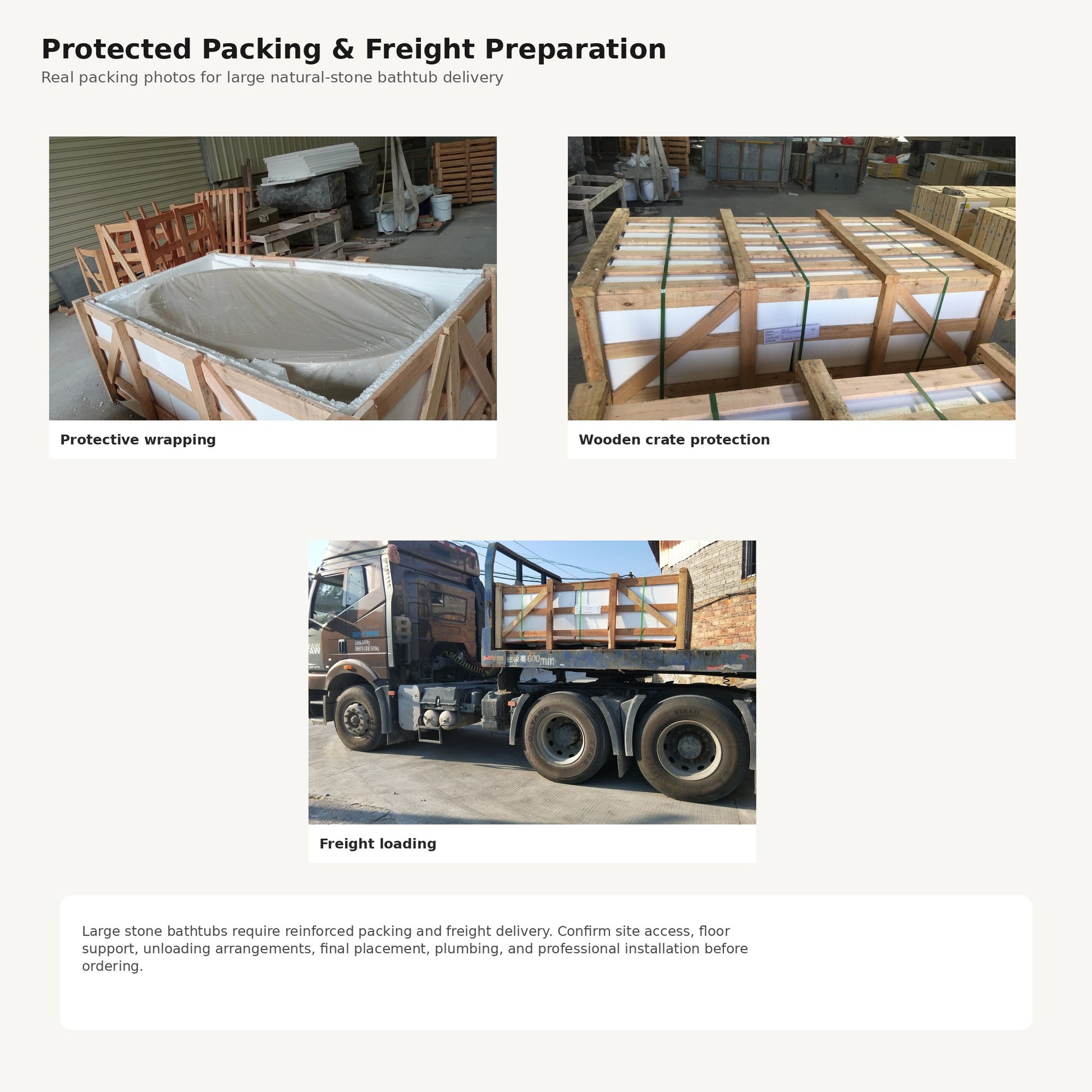 Mira solid marble bathtub protective wrapping, reinforced wooden crate, and freight preparation