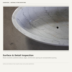 OIXDESIGN natural stone bathtub surface and detail quality inspection showing polished stone, rim, and drain opening