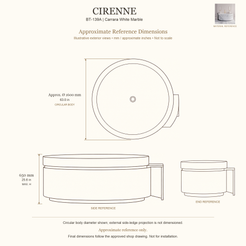 Cirenne BT-139A Carrara White Marble bathtub approximate reference dimensions: approximate circular body diameter 1600 mm, height 650 mm; external side-ledge projection not dimensioned. Source-based exterior illustration; not to scale. Final dimensions follow approved shop drawing; not for installation.