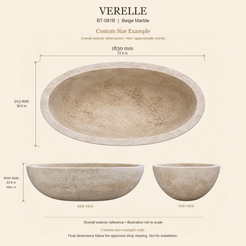 Verelle BT-081B Beige Marble bathtub custom size example: 1830 × 915 × 600 mm (L × W × maximum overall H). Final dimensions follow the approved shop drawing; not for installation.