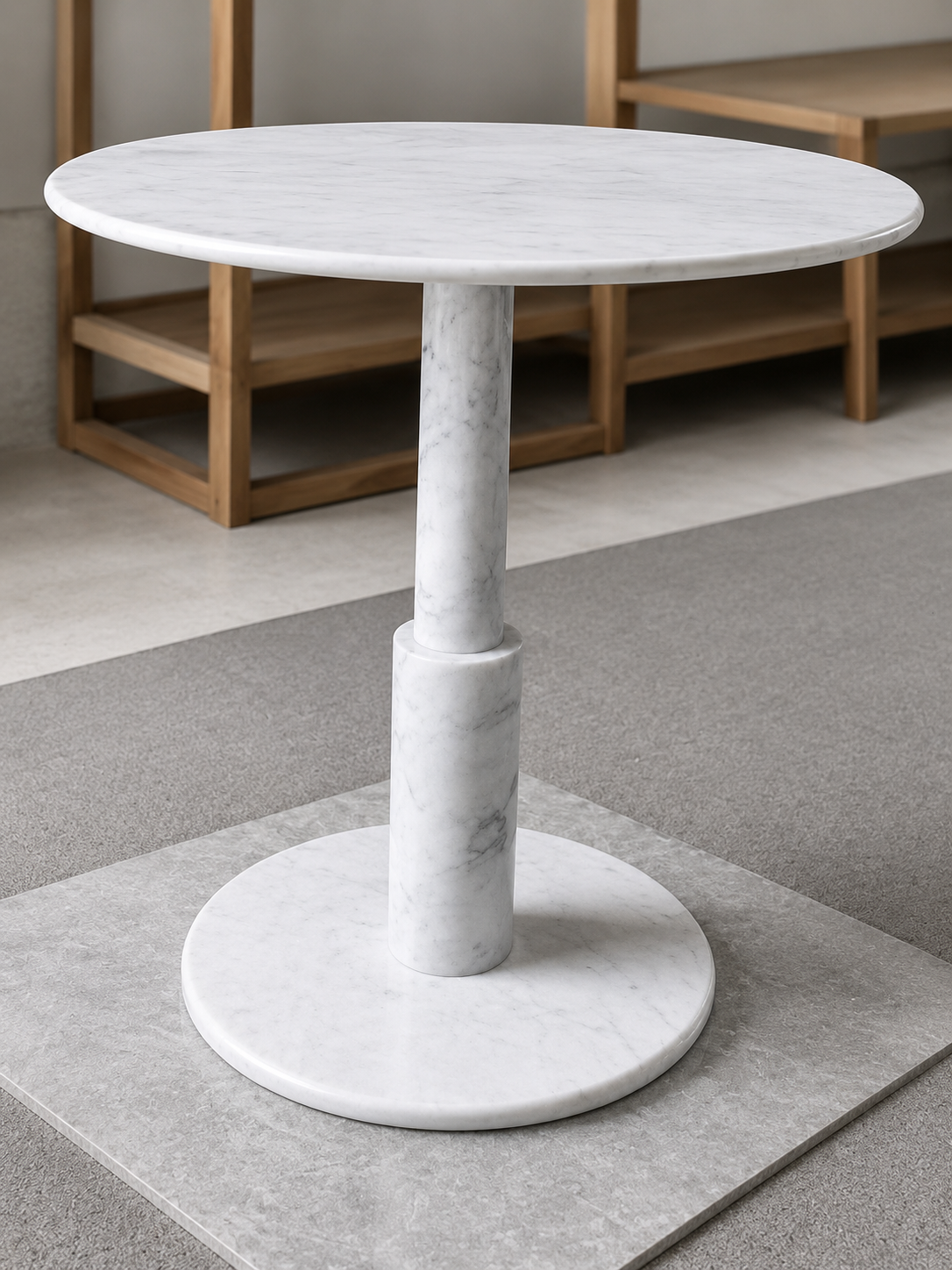 RoundTwin Elite Carrara marble dining table shown in workshop before final packing