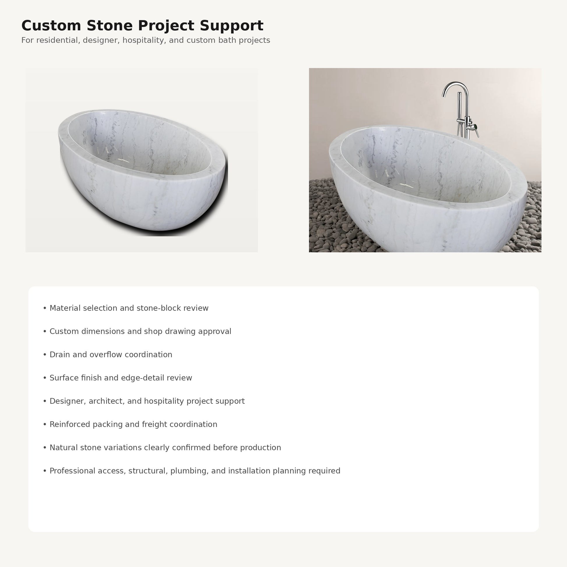 Mira marble bathtub stone selection, custom dimensions, shop drawing, and project support