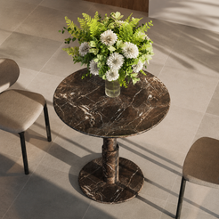 RoundTwin Elite black marble dining table top view styled with flowers in a modern room