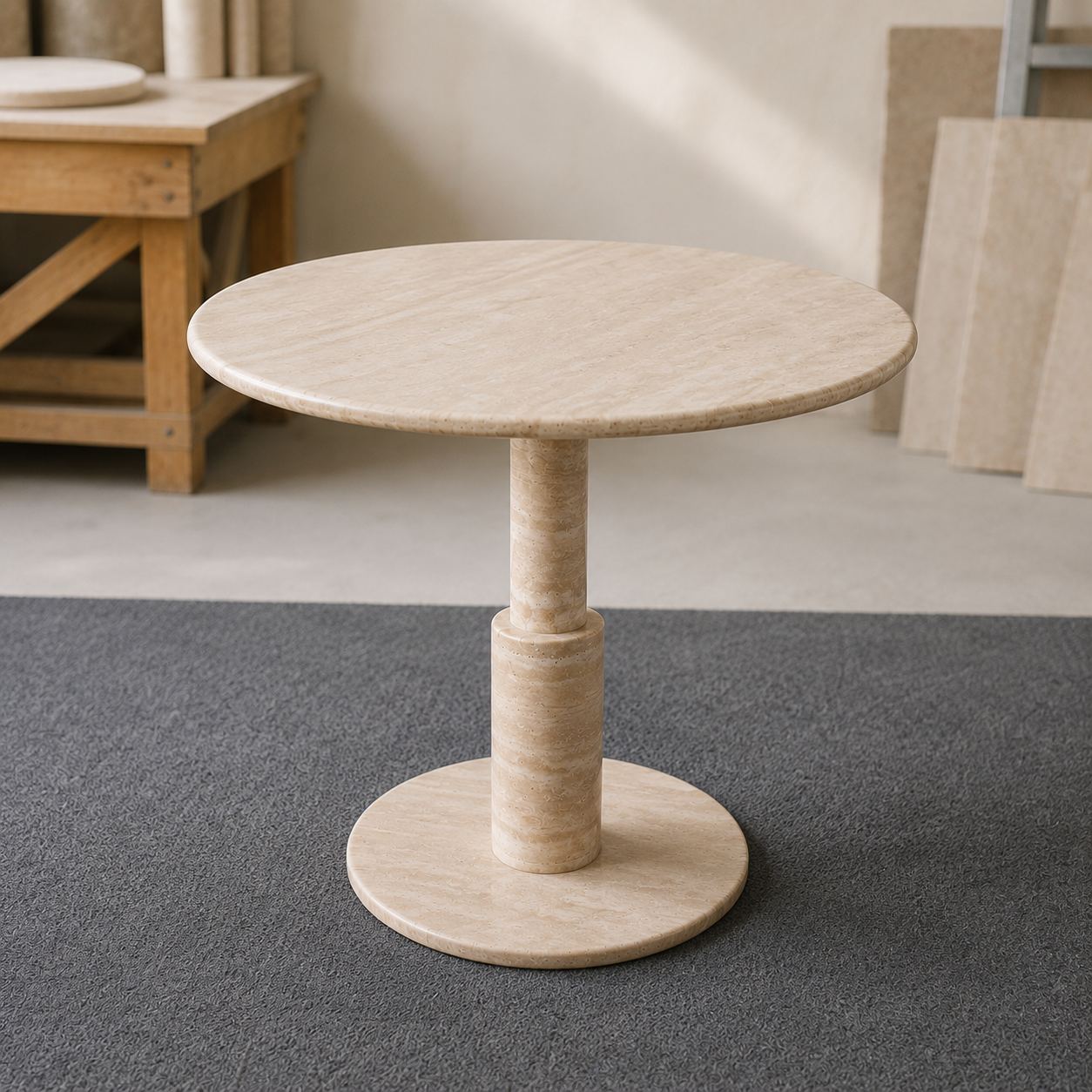RoundTwin Elite travertine dining table in compact dining room setting