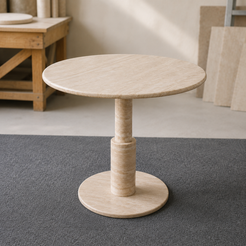RoundTwin Elite travertine dining table in compact dining room setting
