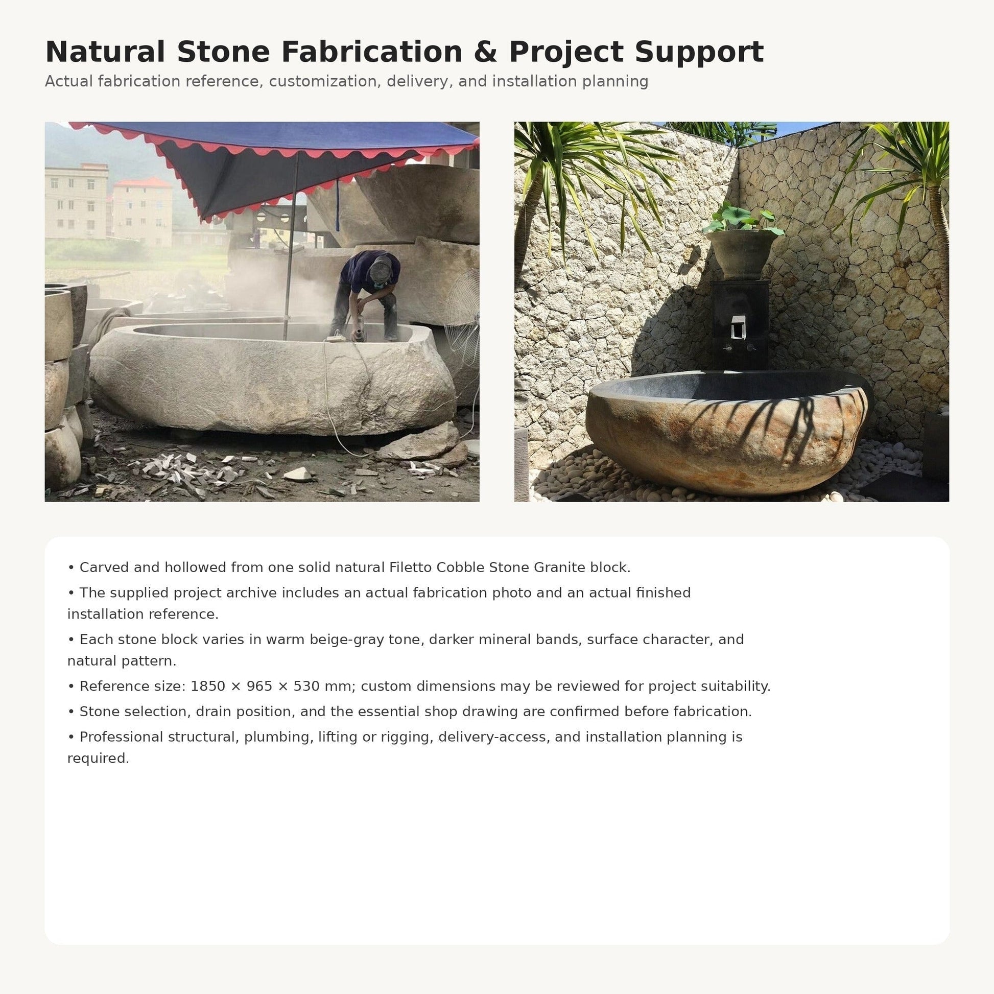 Yitta Filetto Cobble Stone Granite bathtub stone selection, customization, and project support