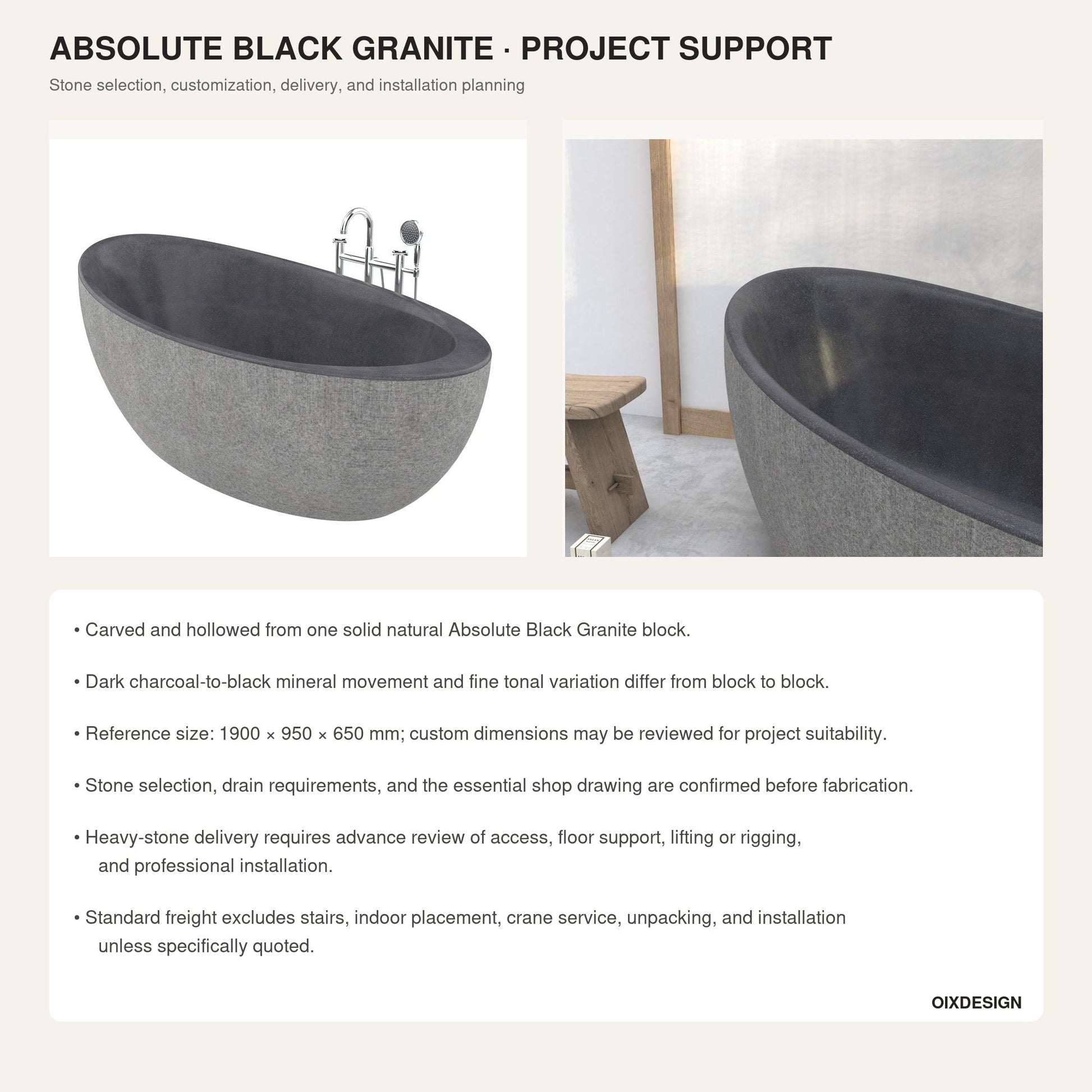 Yuka Absolute Black Granite bathtub stone selection, customization, and project-support reference