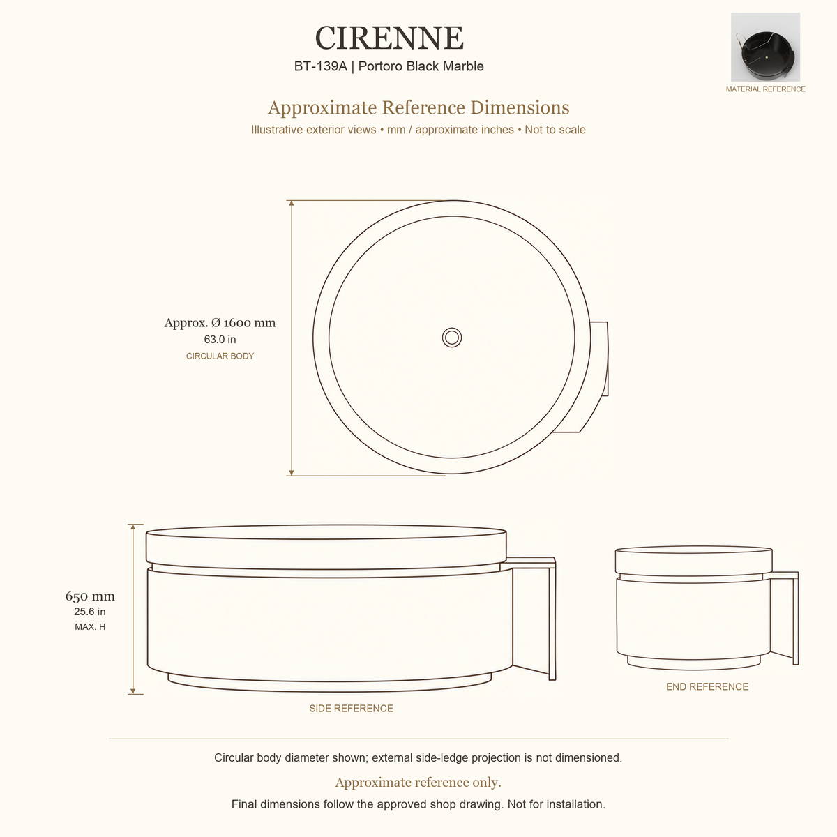 Cirenne BT-139A Portoro Black Marble bathtub approximate reference dimensions: approximate circular body diameter 1600 mm, height 650 mm; external side-ledge projection not dimensioned. Source-based exterior illustration; not to scale. Final dimensions follow approved shop drawing; not for installation.
