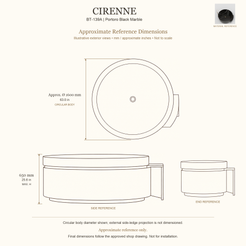 Cirenne BT-139A Portoro Black Marble bathtub approximate reference dimensions: approximate circular body diameter 1600 mm, height 650 mm; external side-ledge projection not dimensioned. Source-based exterior illustration; not to scale. Final dimensions follow approved shop drawing; not for installation.