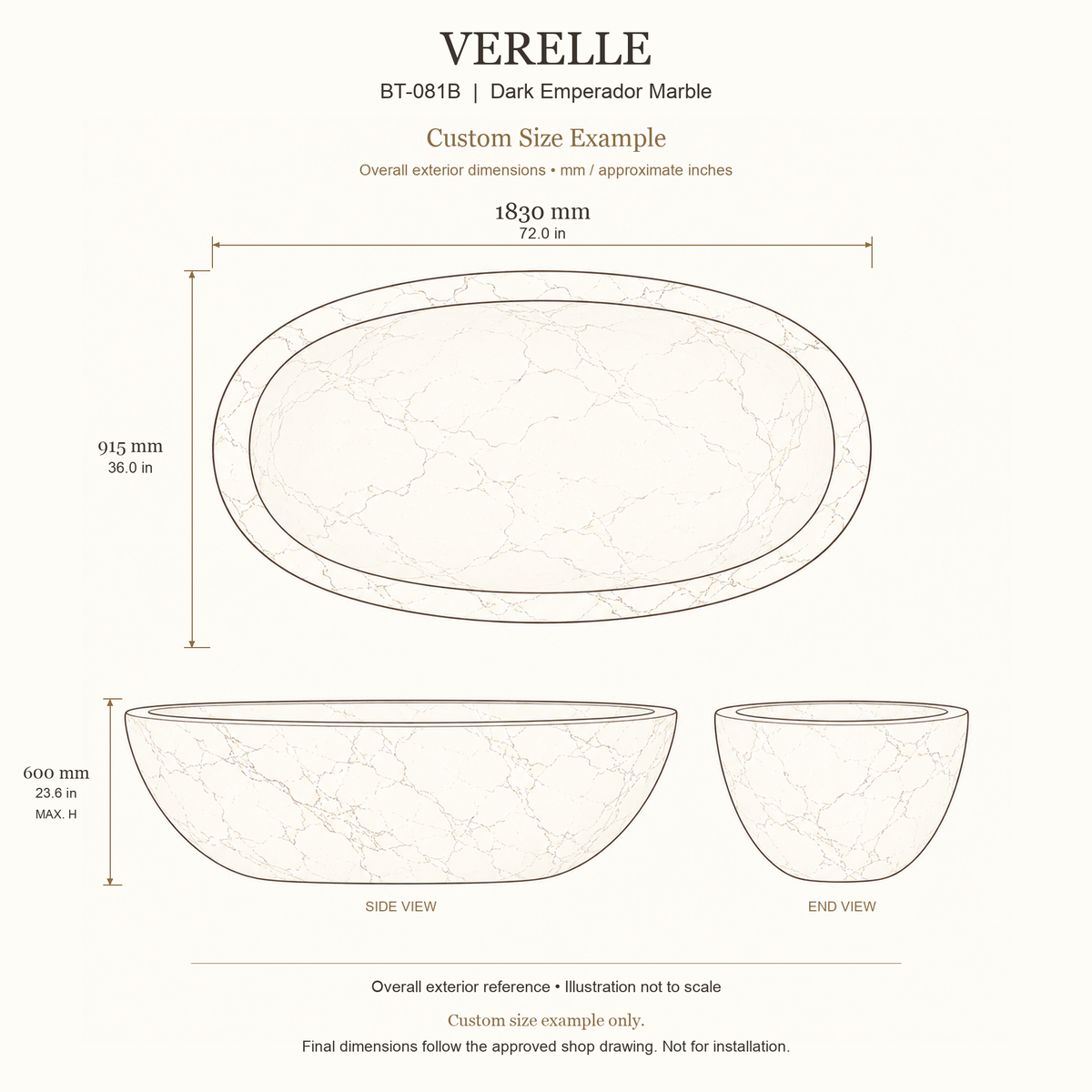 Verelle BT-081B Dark Emperador Marble bathtub custom size example: 1830 × 915 × 600 mm (L × W × maximum overall H). Final dimensions follow the approved shop drawing; not for installation.