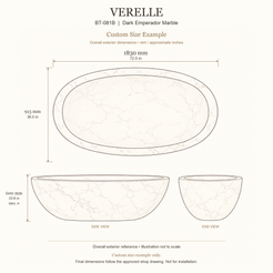 Verelle BT-081B Dark Emperador Marble bathtub custom size example: 1830 × 915 × 600 mm (L × W × maximum overall H). Final dimensions follow the approved shop drawing; not for installation.