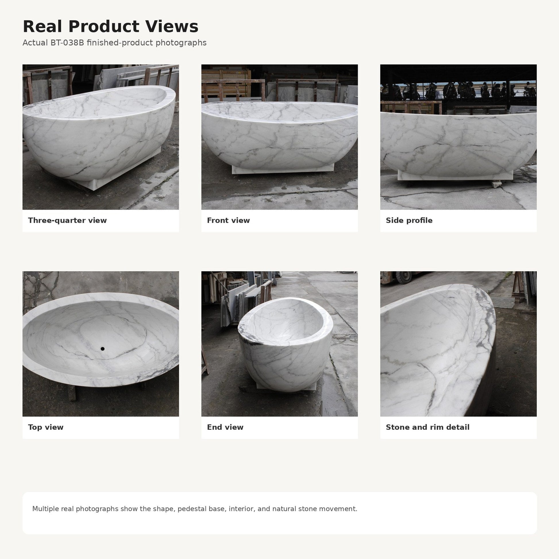 Celeste BT-038B Ivory Cloud Marble bathtub, six real product views