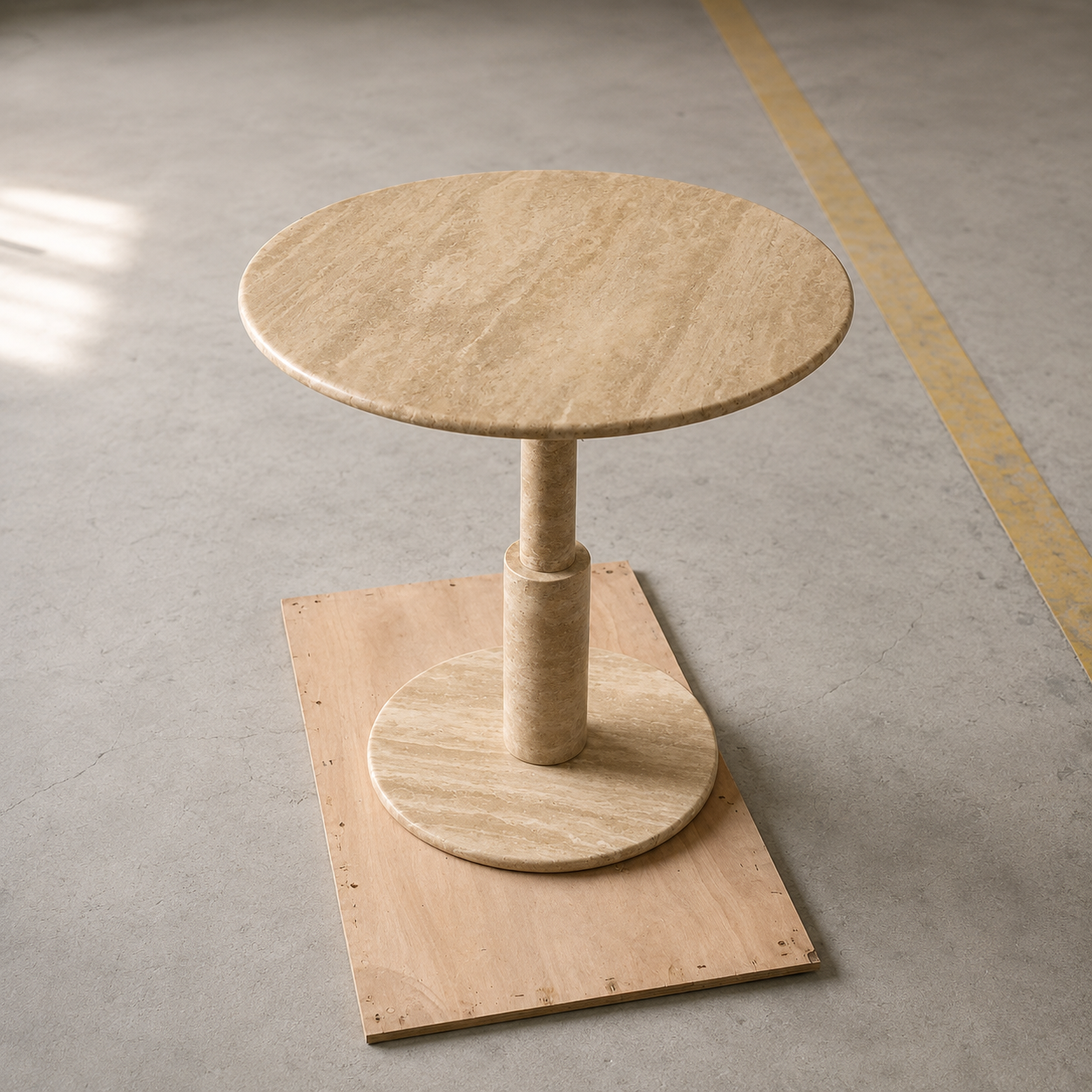 RoundTwin Elite travertine dining table top view showing natural travertine surface variation
