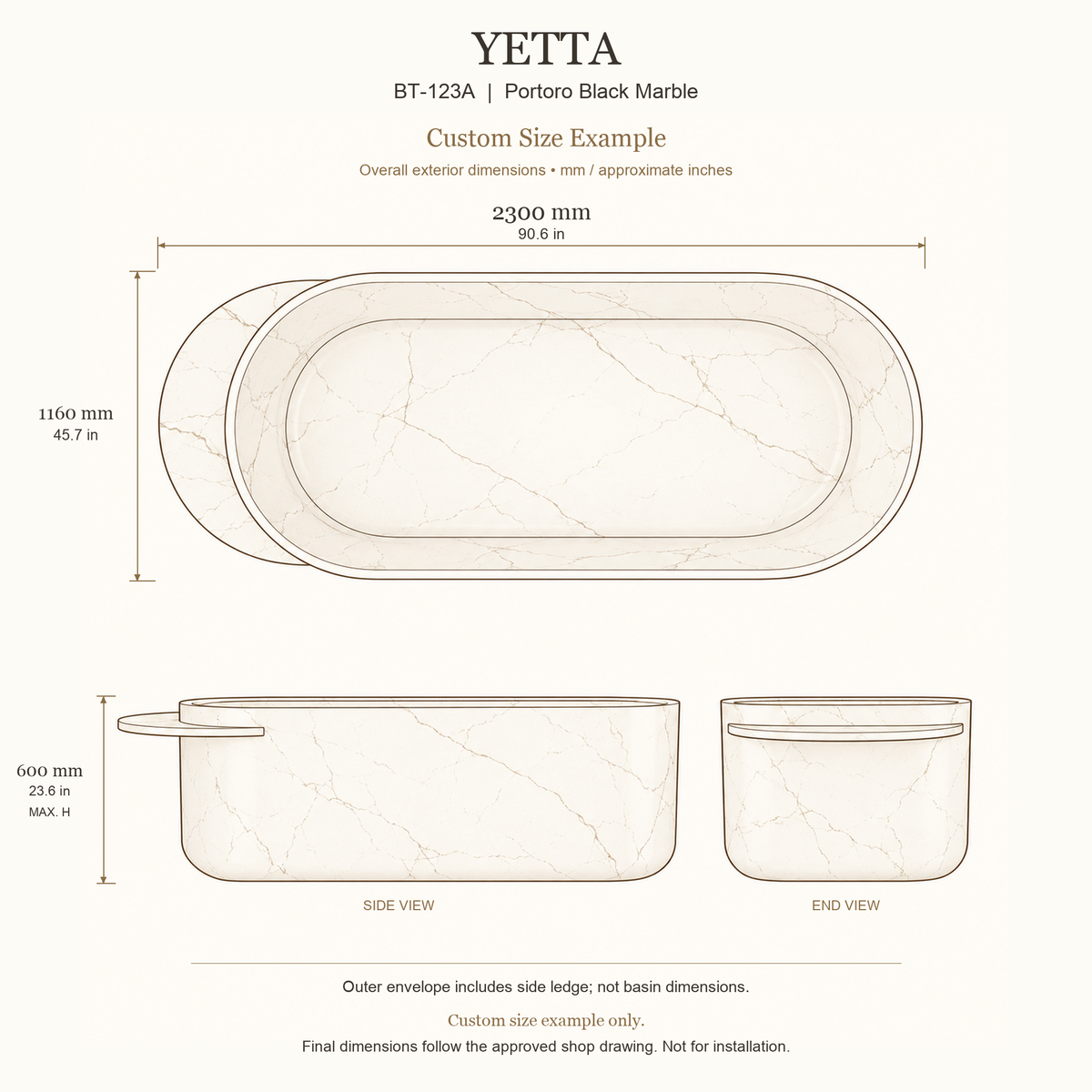 Yetta BT-123A Portoro Black Marble bathtub custom size example: 2300 × 1160 × 600 mm (L × W × maximum overall H). Outer envelope includes the side ledge, not basin size. Final dimensions follow the approved shop drawing; not for installation.