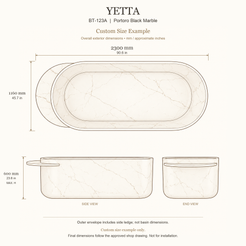 Yetta BT-123A Portoro Black Marble bathtub custom size example: 2300 × 1160 × 600 mm (L × W × maximum overall H). Outer envelope includes the side ledge, not basin size. Final dimensions follow the approved shop drawing; not for installation.