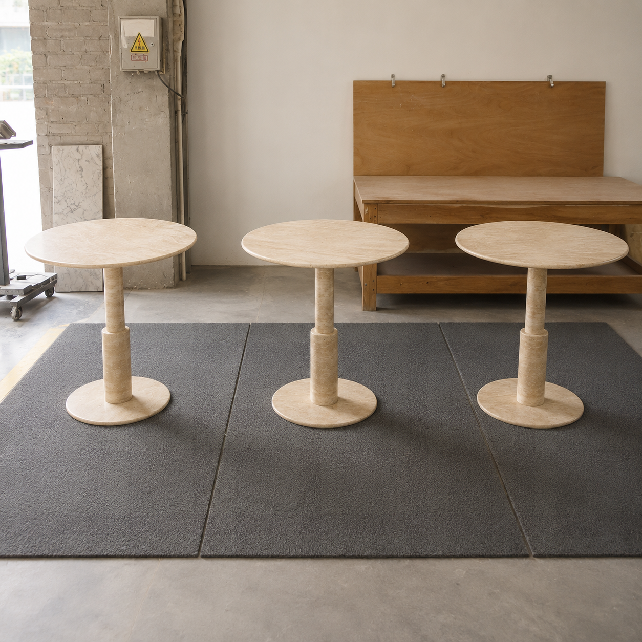 RoundTwin Elite travertine dining tables shown in workshop before final packing