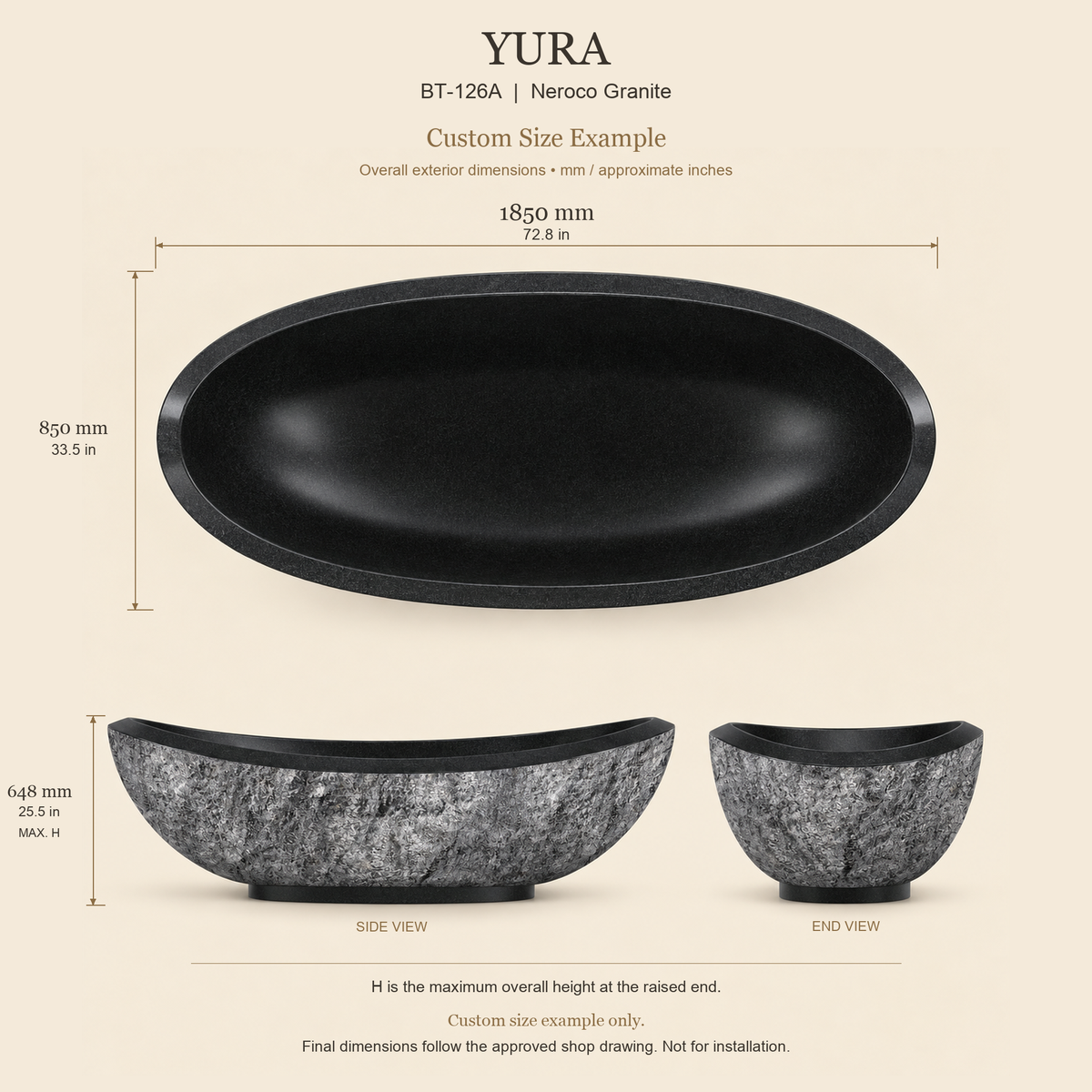 Yura BT-126A Neroco Granite bathtub custom size example: 1850 × 850 × 648 mm (L × W × maximum overall H). Final dimensions follow the approved shop drawing; not for installation.
