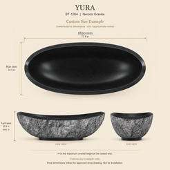 Yura BT-126A Neroco Granite bathtub custom size example: 1850 × 850 × 648 mm (L × W × maximum overall H). Final dimensions follow the approved shop drawing; not for installation.