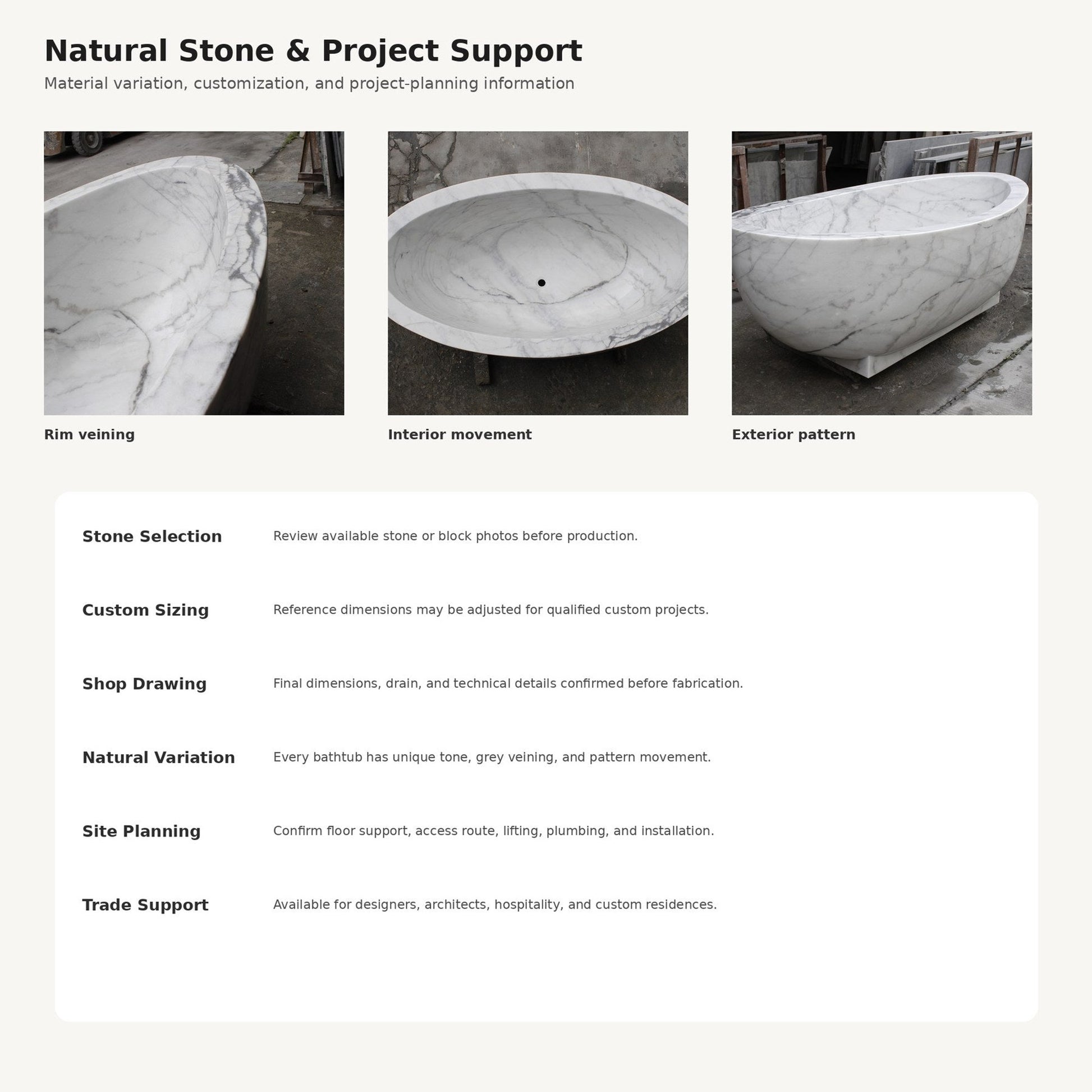 Celeste Ivory Cloud Marble bathtub, stone selection and custom project support