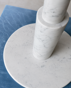 RoundTwin Elite Carrara marble dining table base detail with protective floor covering