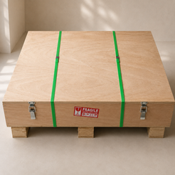 RoundTwin Elite travertine dining table packed in protective shipping carton