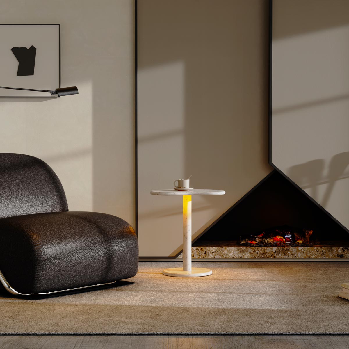 OIXDESIGN PeaPod Side Table, Italian Carrara Marble, Wireless Charging, Turn-On Night Lights, Big Macro Scene Graph, Front View