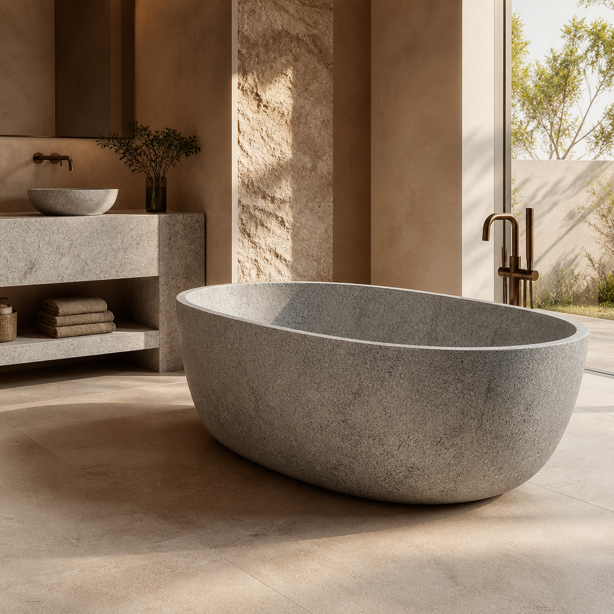 Luxury bath collection scene with natural stone bathtub and refined bathroom design