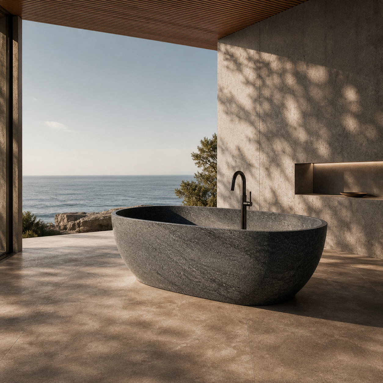 Durable granite bathtub detail showing dense natural stone texture