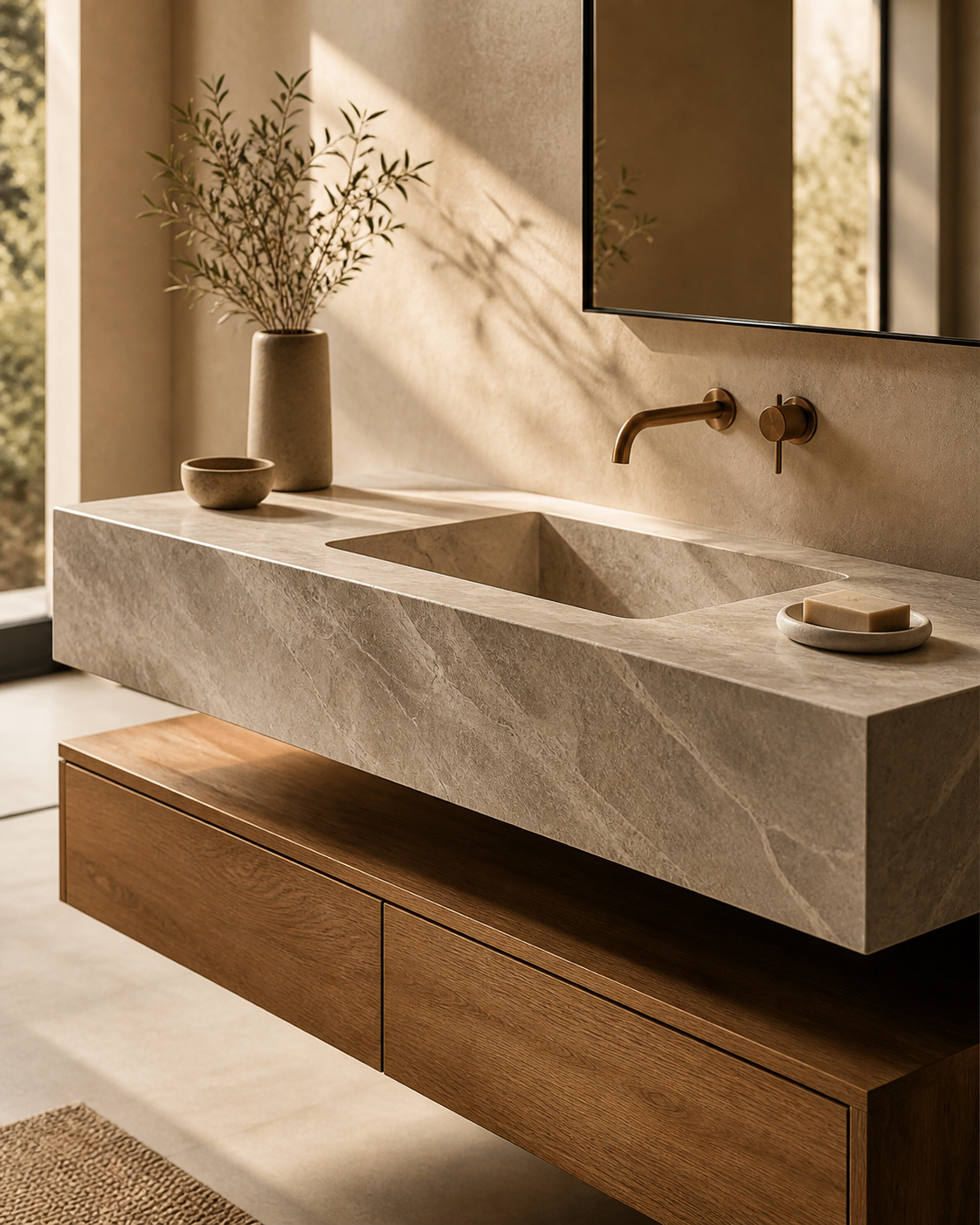 Integrated natural stone sink and vanity in a warm bathroom interior by OIXDESIGN.