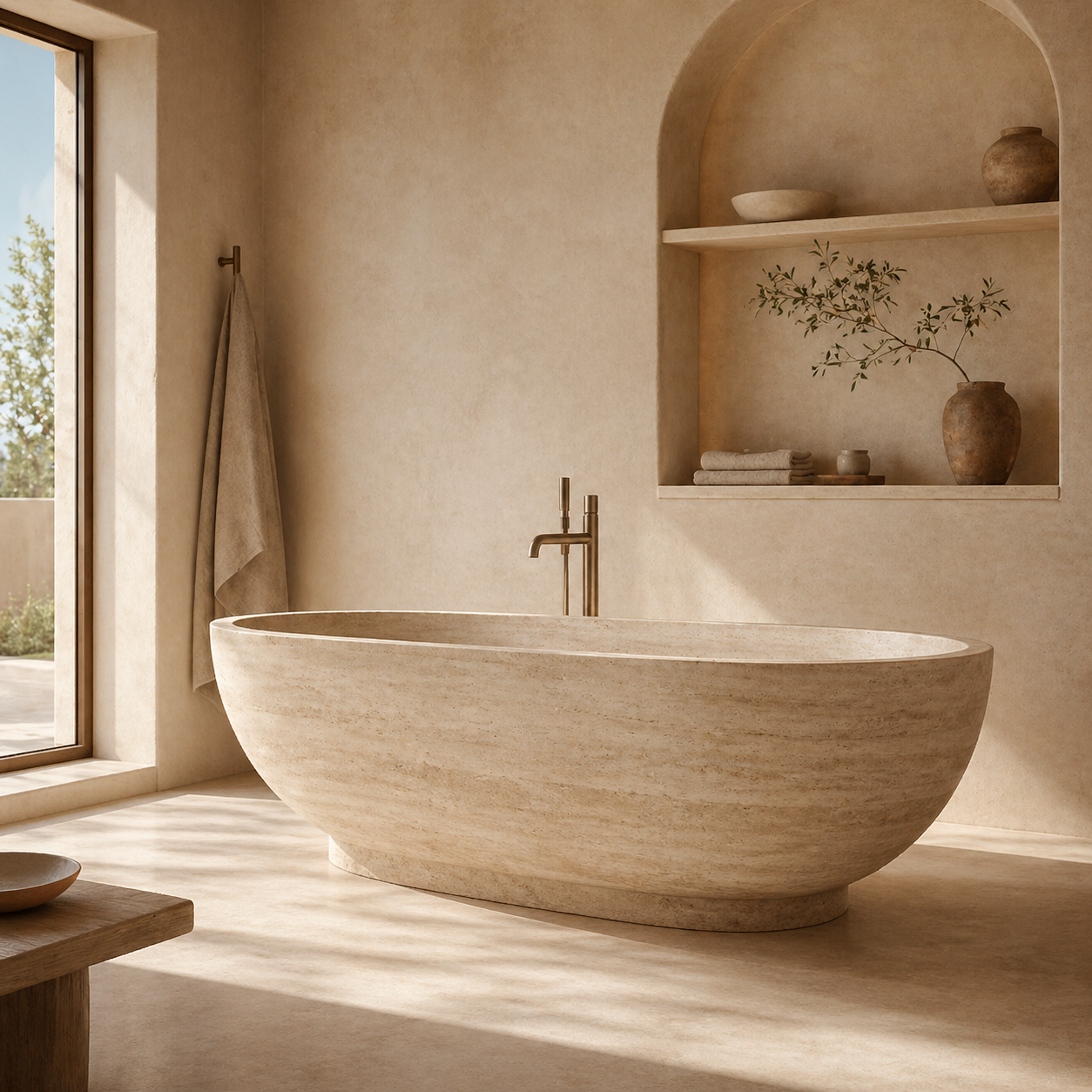 Travertine bathtub in a calm luxury bathroom from the OIXDESIGN bath collection
