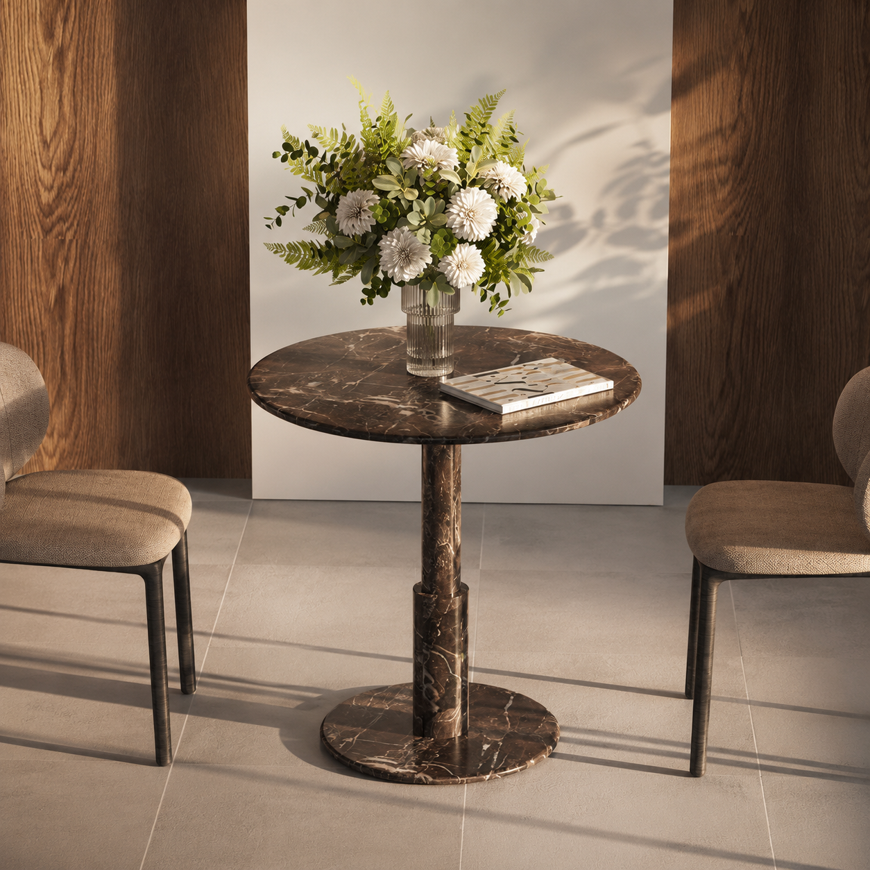 RoundTwin Elite dark Emperador marble dining table styled in a refined modern room
